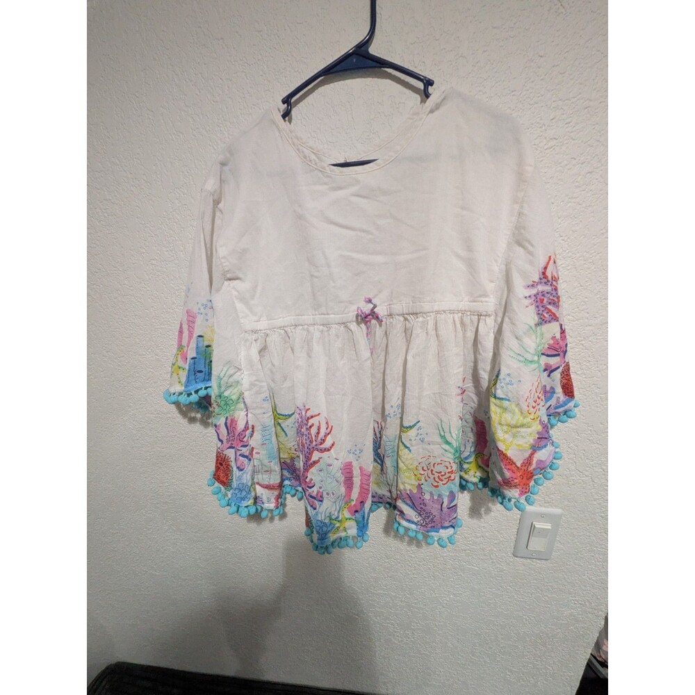 Cat & Jack Girls Sea Life Coral Print Swim Cover-Up Tunic Pom Trim Size L 10/12